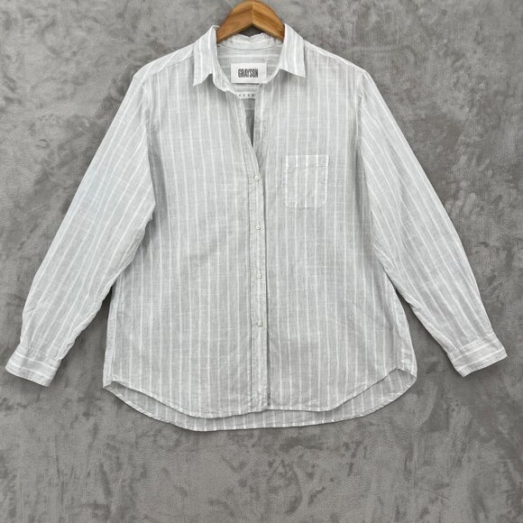 Grayson Tops - Grayson Size 05 The Hero Button Front Cotton Shirt Top Gray White Stripe